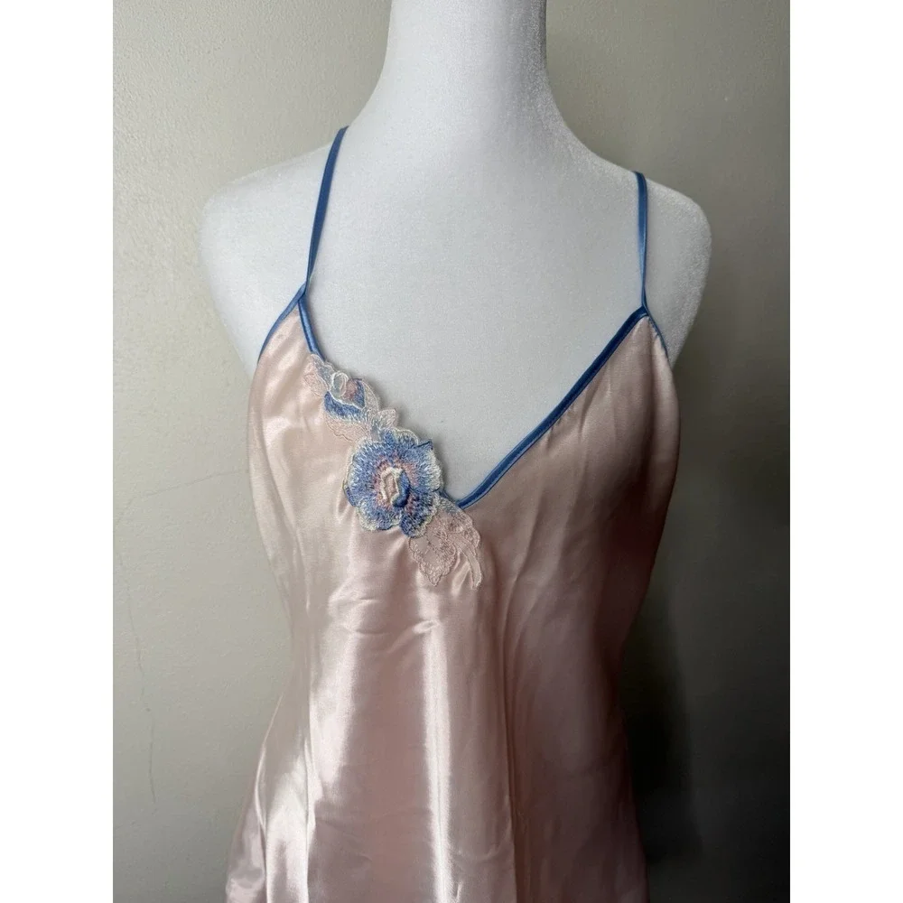 Vintage 80's Val Mode Satin Chemise Slip Dress Women's Size Medium Pink Floral - Picture 3 of 8